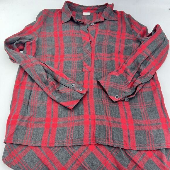 CAbi Top Womens Small Red Gray Plaid #3587 Cunningham Popover Long Sleeve M - Picture 1 of 4